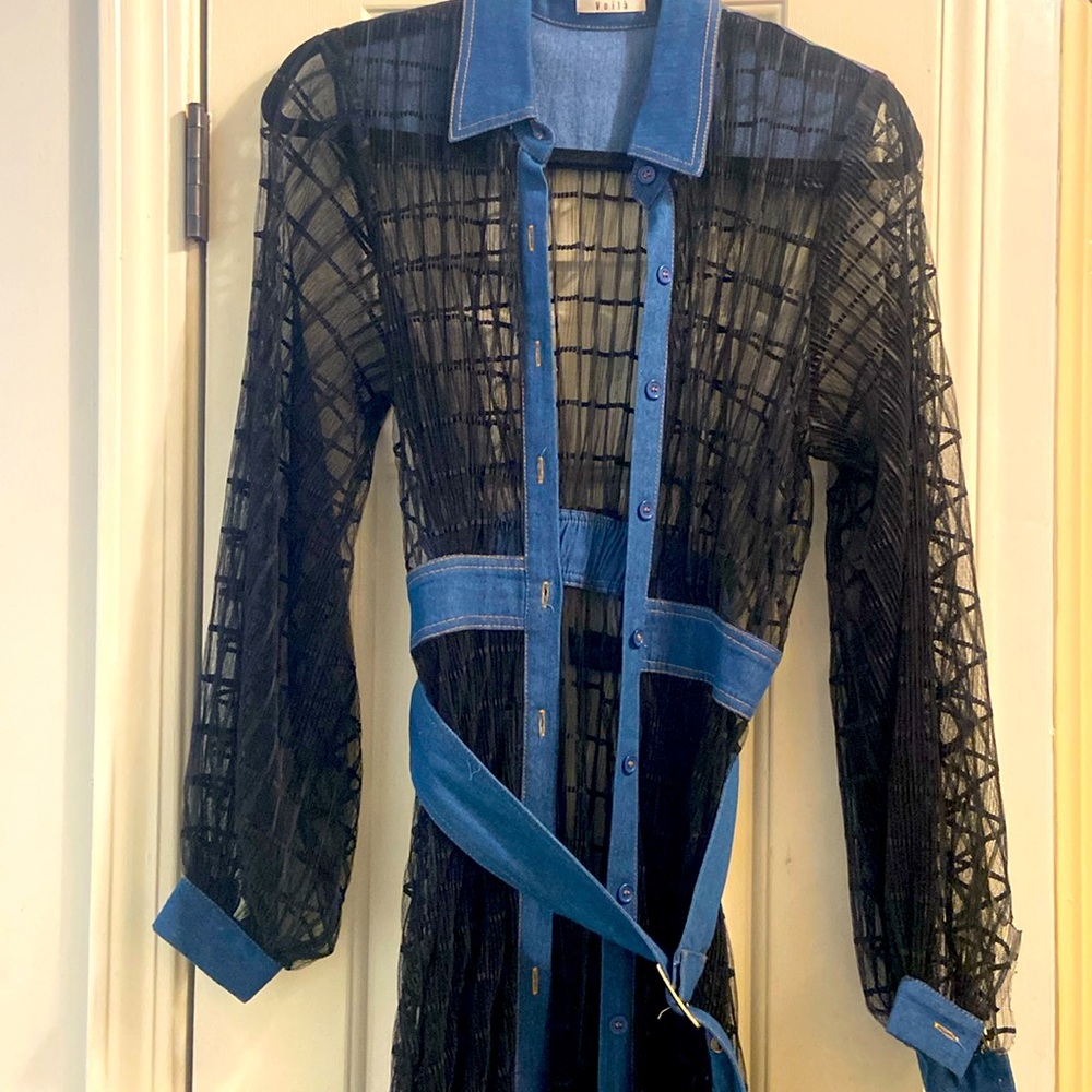 Denim and mesh floor length shirt size 6 made by Viola. Worn 2X like new.